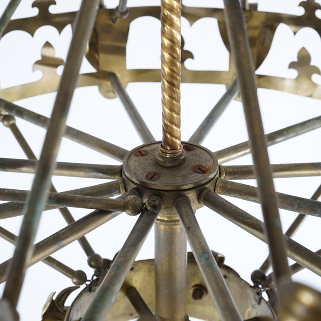 Antique French Fleur-de-Lis Design Brass & Jeweled Twelve-Light Chandelier 1930 For Sale - Image 4 of 12
