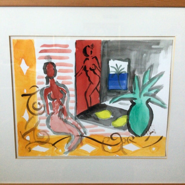 Abstract watercolor on artist board framed in a natural finished pine frame titled “Woman in Waiting”