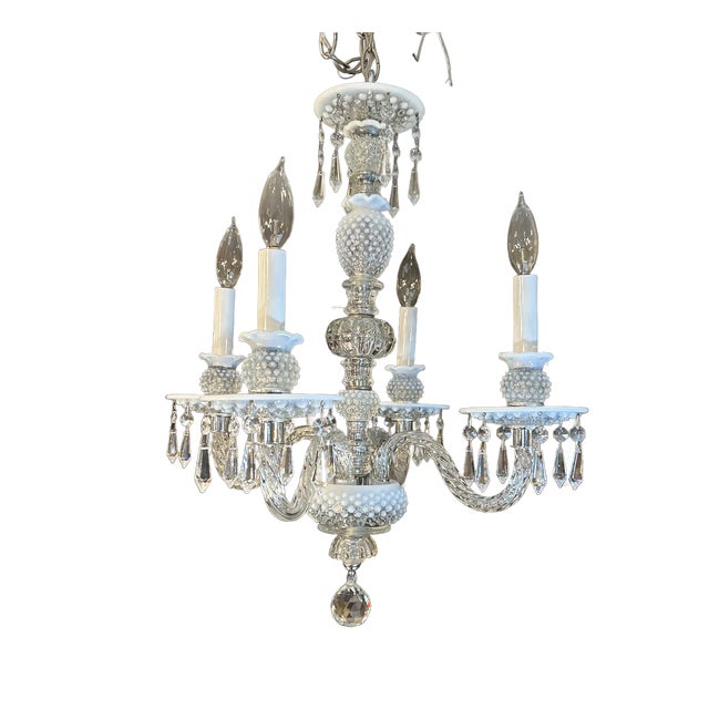 Crystal and White Glass Hobnail Chandelier For Sale