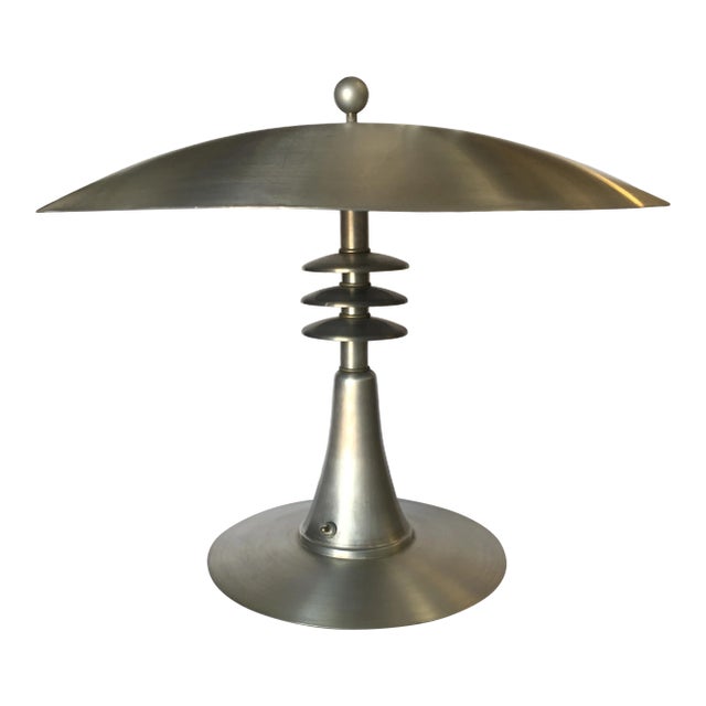 Art Deco Style Machine Age Table Lamp W/ Large 20" Spun Aluminum Shade For Sale