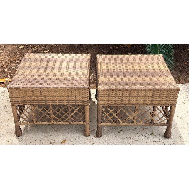 Coastal Pair of Woven Rattan Style Ottomans For Sale - Image 3 of 12