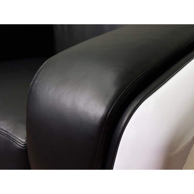 Restored William Andrus Steelcase Fiberglass Lounge Chair Black Leather Lucite Base For Sale - Image 9 of 11