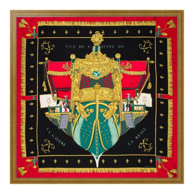 Authentic Framed Hermès Silk Scarf “Vue Du Carrosse De La Galere La Reale” Hugo Grygkar 1953 Design – Large 36.5” Luxury Wall Art Wood Frame For Sale