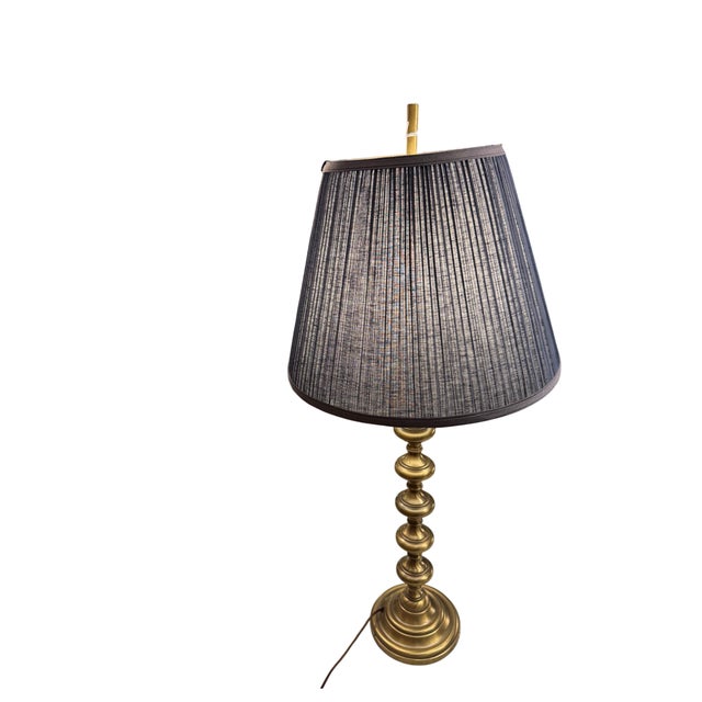 Mid 20th Century Leviton Brass Spindle Lamps With Navy Shades - a Pair For Sale In Portland, OR - Image 6 of 8