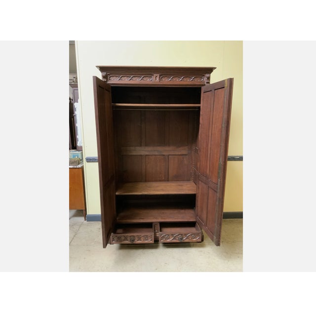 Brown Antique Neo-Gothic Wardrobe with Linen Compartments, 1880 For Sale - Image 8 of 13