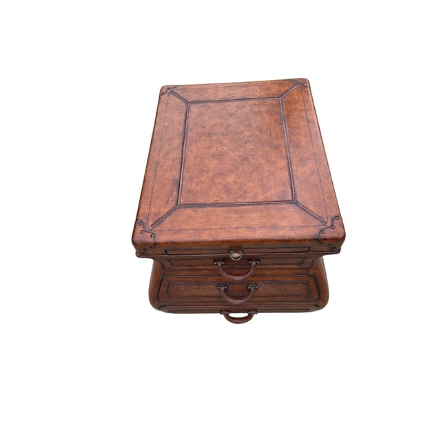 English 1990s Thomasville Leather Wrapped Rattan Side End Table Trunk East Indies W/ Storage For Sale - Image 3 of 12
