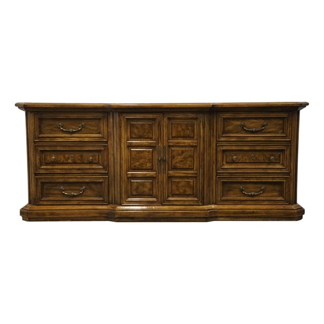 American of Martinsville Solid Walnut Italian Mediterranean 79″ Triple Door Dresser 2384-216 For Sale