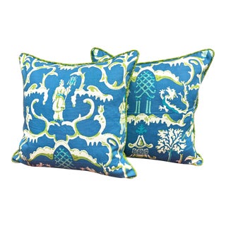 A Pair of 22” X 22” Dana Gibson for Stroheim Folly Peacock Turquoise White Green Chinoiserie Linen Pillow Covers For Sale