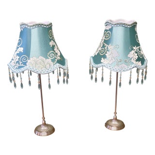 Chrome Bedside Lamps with Beaded Embroidered Shades, 1980, Set of 2 For Sale