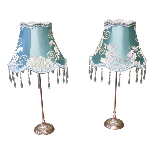 Chrome Bedside Lamps with Beaded Embroidered Shades, 1980, Set of 2 For Sale