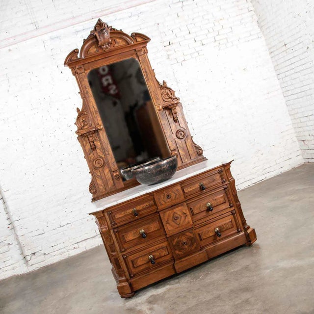 Wood Antique Victorian Mirrored Dresser in Walnut & Burl Walnut With White Marble Top For Sale - Image 7 of 13