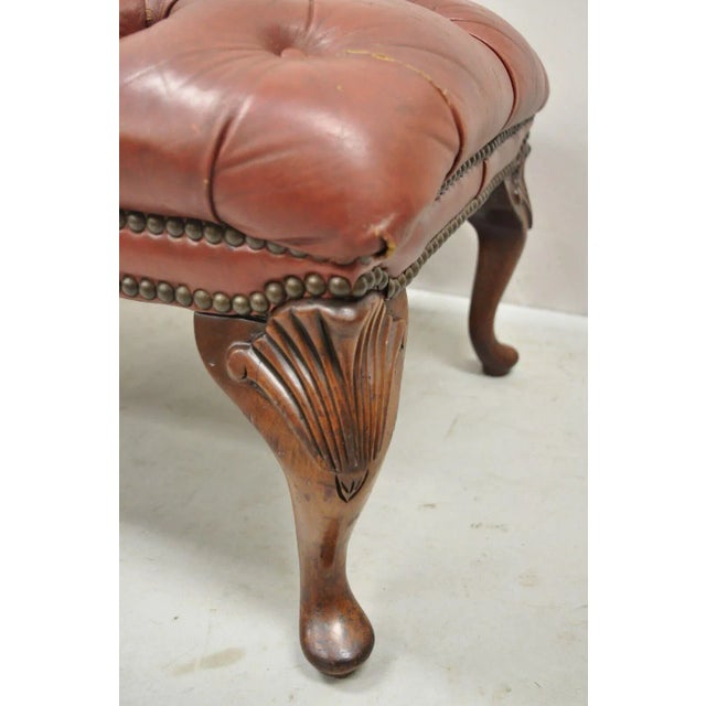 Queen Anne Vtg Brown Leather English Chesterfield Queen Anne Style Tufted Ottoman Footstool For Sale - Image 3 of 11