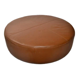 1980 Round Oversized Faux Brown Faux Leather Ottoman Footstool Pouf Contemporary