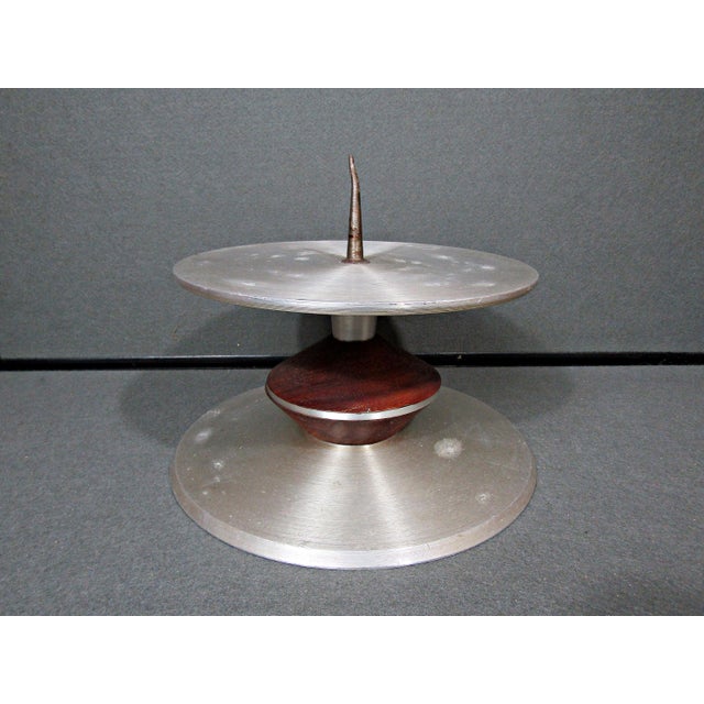 Silver Mid-Century Aluminum & Wood Pricket Candlestick Pair, Scandinavian Modern, 9.75in Diameter For Sale - Image 8 of 9