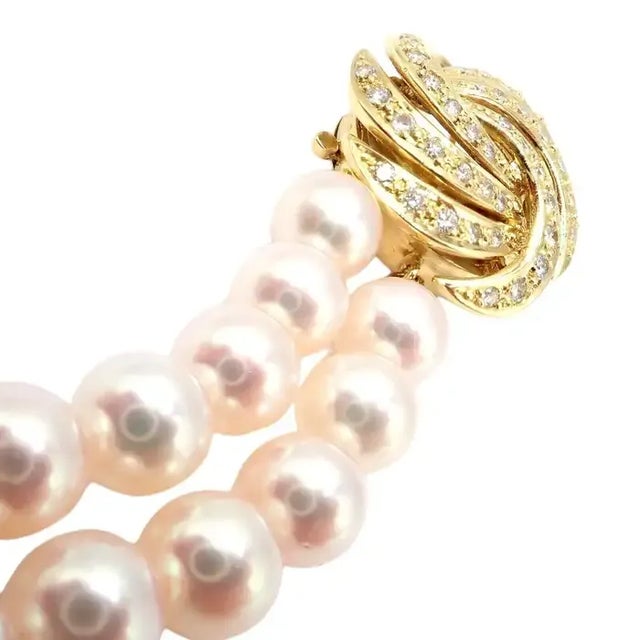 White 1990s Mikimoto Diamond Double Strand 8mm Cultured Pearl 18k Yellow Gold Necklace For Sale - Image 8 of 12