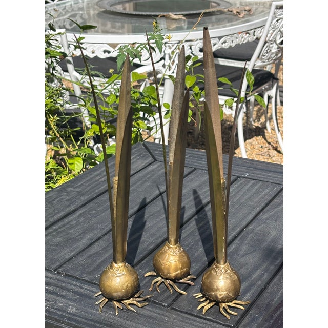 Vintage Italian Carnevale Brass Botanical Bulb Bud Vases - Set of 3 For Sale - Image 10 of 17