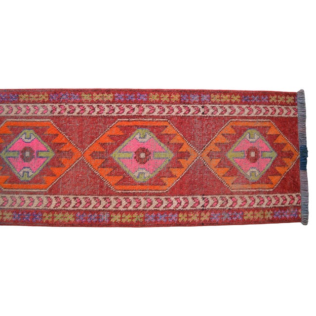 1960s Turkish Runner Rug. Hand-Knotted Tribal Red, Pink Color Hallway Rug, Kitchen Decor - 2′10" × 12′1" For Sale - Image 12 of 16