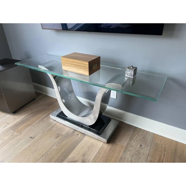 Elite Modern Glass Console Table With Stainless Steel Ribbon Pedestal For Sale - Image 4 of 5