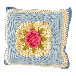 Vintage 70s Granny Crochet Pillow Rose 3d Handmade