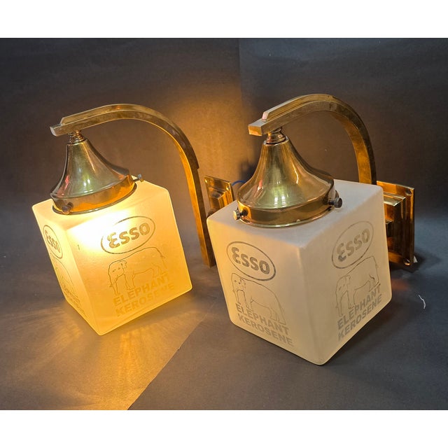 Vintage Art Deco Light Old Lamp Wall Sconces Fixture Brass & Esso Kerosene Cube Glass Shade Ship Light - a Pair For Sale - Image 4 of 4