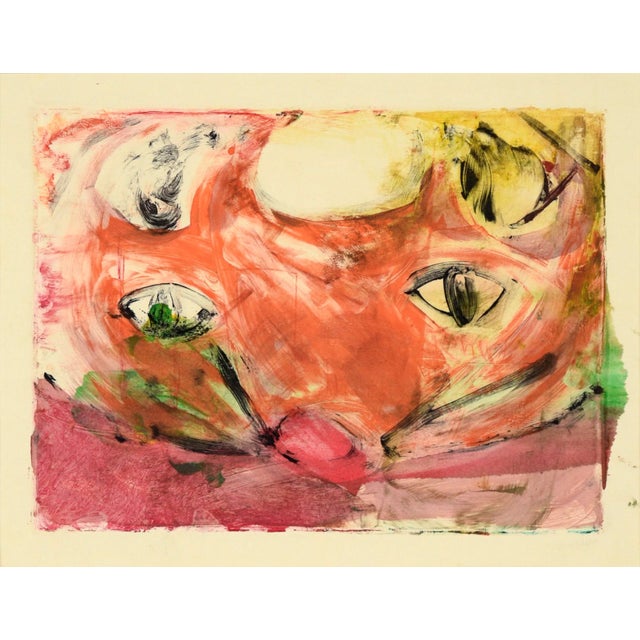 Abstract Colorful Cat Face - Transfer Monotype in Water Based Ink on Paper by Heather Speck For Sale - Image 3 of 9