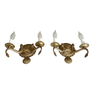 Pair Neoclassic Dolphin Shell Brass Wall Sconces For Sale