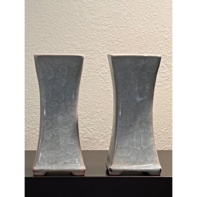 3pc Chinese Ge Type Guan Crackle Glaze Celadon Set: Pair Square Vases & Bowl For Sale In San Francisco - Image 6 of 6
