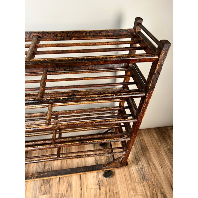 Antique Oak Shoe Factory Rolling Rack on Original Industrial Casters C. Late 19th Century For Sale - Image 10 of 15