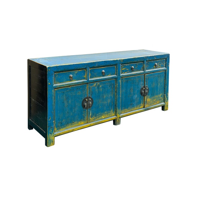 Rustic Distressed Bright Blue Oriental Sideboard Credenza Console Table Cabinet For Sale - Image 3 of 18