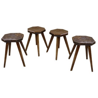 Pine Stools with Curved Seats, 1950s, Set of 4 For Sale