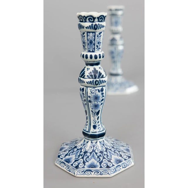 Mid 20th Century Vintage Dutch Delft Floral Candlesticks - A Pair For Sale - Image 5 of 9