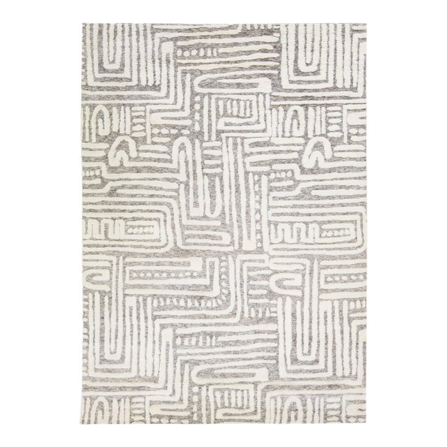Light Grey Modern Moroccan Style Handmade Abstract Designed Wool Rug by Apadana For Sale