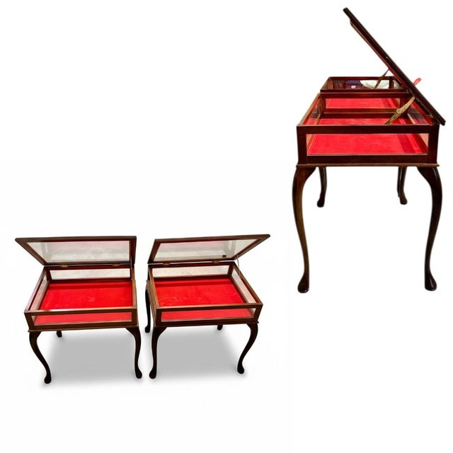 Red Vintage Glass Top Display Side Tables Pair-Queen Anne-Jewelry Vitrine-Case-Curio For Sale - Image 8 of 10