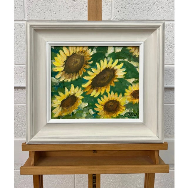 Contemporary Angela Wakefield Golden Yellow Sunflowers Study on Green Background by Contemporary Artist, 2023 For Sale - Image 3 of 12