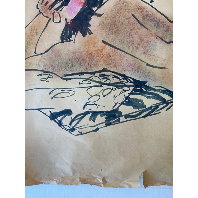 Vintage Mid-20th Century Life Drawing of Reclining Nude Woman and Artist in Studio, Mixed Media on Paper. For Sale - Image 4 of 11