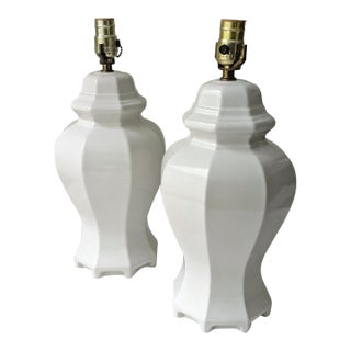 Vintage White Ceramic Ginger Jar Lamps, a Pair For Sale