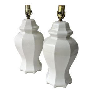 Vintage White Ceramic Ginger Jar Lamps, a Pair
