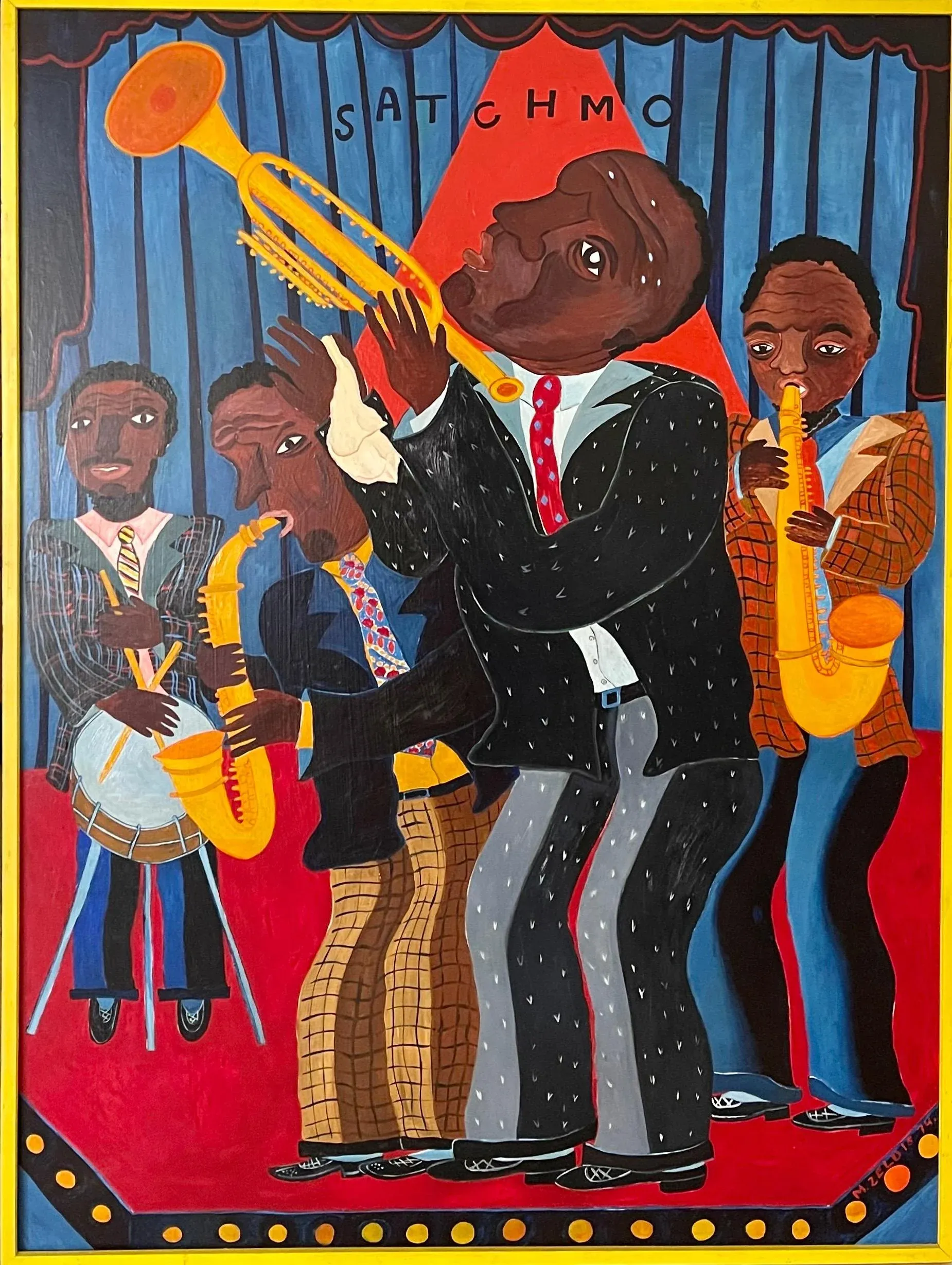 Malcah Zeldis, Large Malcah Zeldis Folk Art Oil Painting Jazz