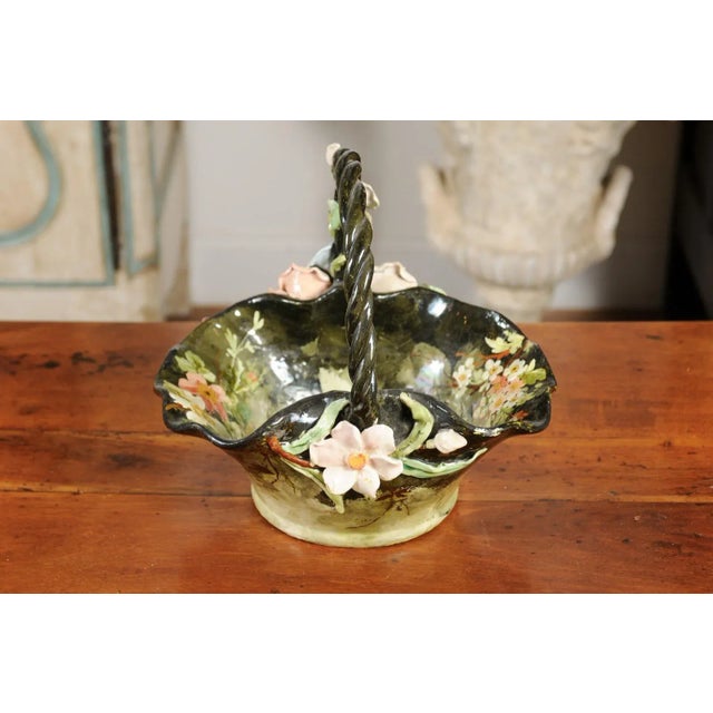 Ceramic 19th Century French Barbotine Jardinière Basket with High Relief Pastel Flowers For Sale - Image 7 of 11