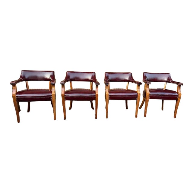 Late 20th Century Hickory Leather Company Set of Four Vintage Burgundy/ Oxblood Vinyl Brass Nailhead Armchairs For Sale