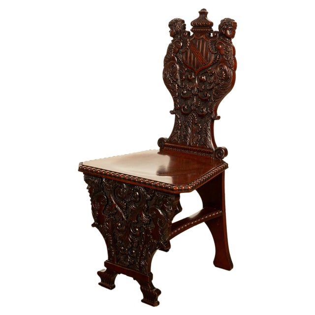 Antique Carved Italian Renaissance Revival Sgabello Chair Coat of Arms & Cherubs, 1870 For Sale - Image 4 of 15