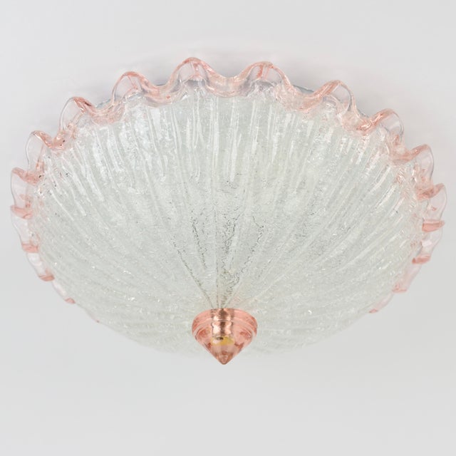Beautiful pink and clear ice glass flush mount. Attributed to Barovier and Toso around the 1970s in Italy, unfortunately...