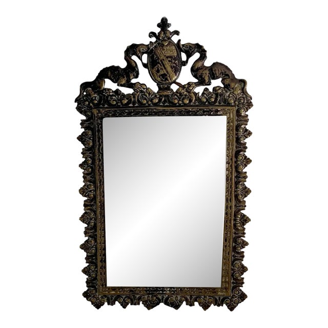 Antique French Cast Brass Coat of Arms Wall Mirror, Early 20th Century For Sale
