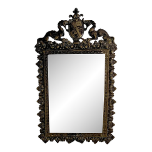 Antique French Cast Brass Coat of Arms Wall Mirror, Early 20th Century