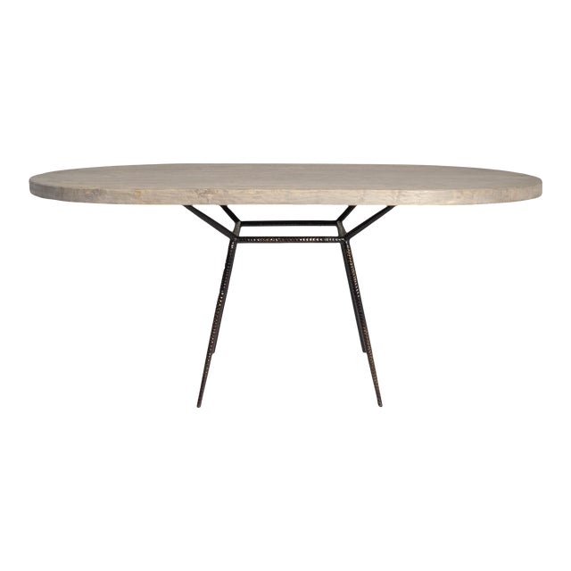 Mid Century Hammered Textured Base With Reclaimed Elm Table Top For Sale