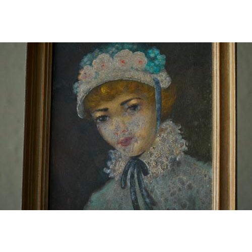 Belgian Interbellum Artist, Portrait of a Woman in Flowered Bonnet, 1920s-1940s, Oil Painting, Framed For Sale - Image 3 of 11