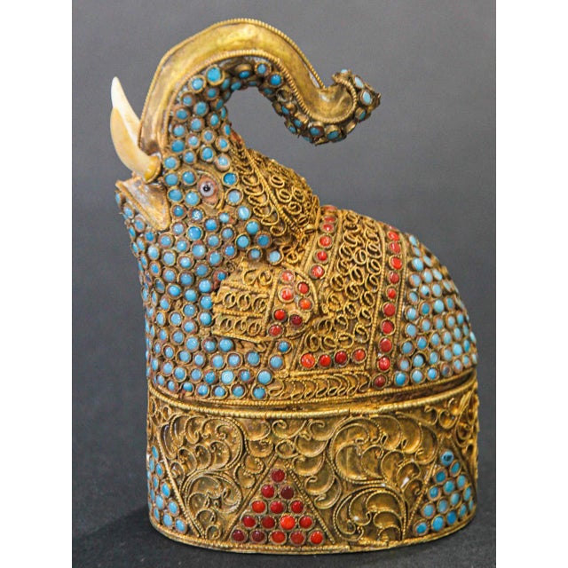 Indian Mughal Style Gem-Set Gilt Brass Elephant Shape Snuff Box For Sale - Image 4 of 11