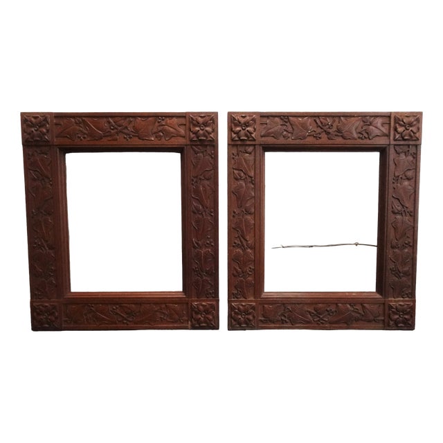 Large Art Nouveau Carved Wooden Frames with Glass, 1890s, Set of 2 For Sale