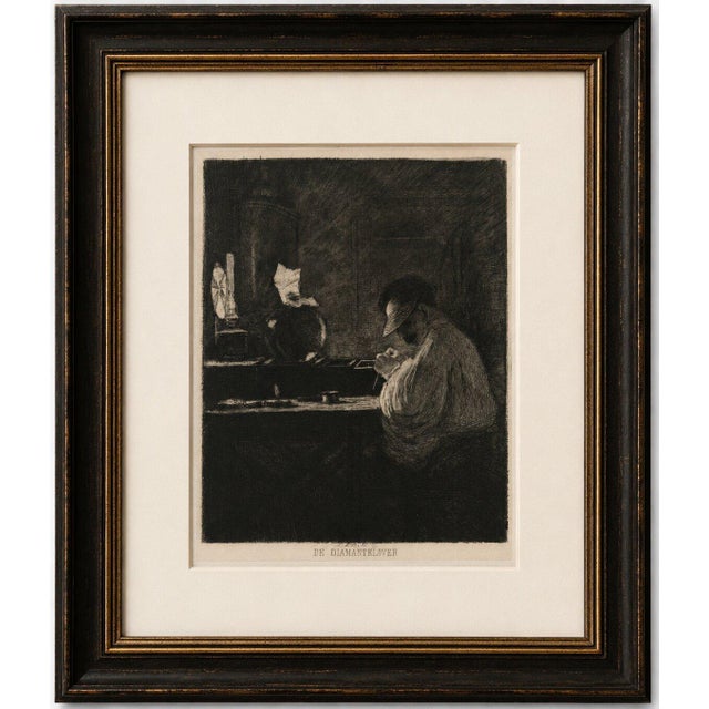 The Diamond Cleaver, Amsterdam Diamond Industry – Etching by C.L. Dake, 1888 This atmospheric etching, titled De...