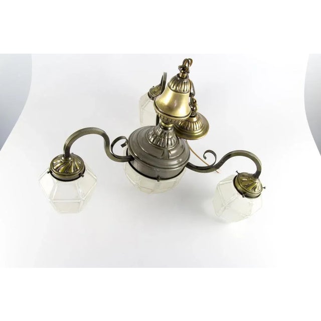 Art Deco French Brass & Frosted Glass 4-Light Chandelier, 1920s For Sale - Image 17 of 18